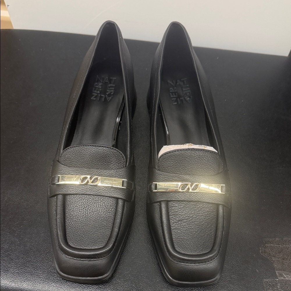 Black  Leather Square-Toe Loafers with Gold Accent